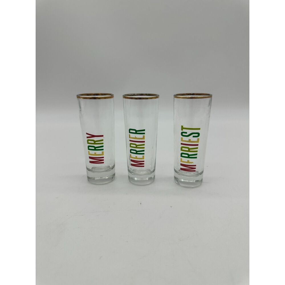Christmas Shot Glasses Set of Three Merry Merrier Merriest 4" Glasses Multicolor